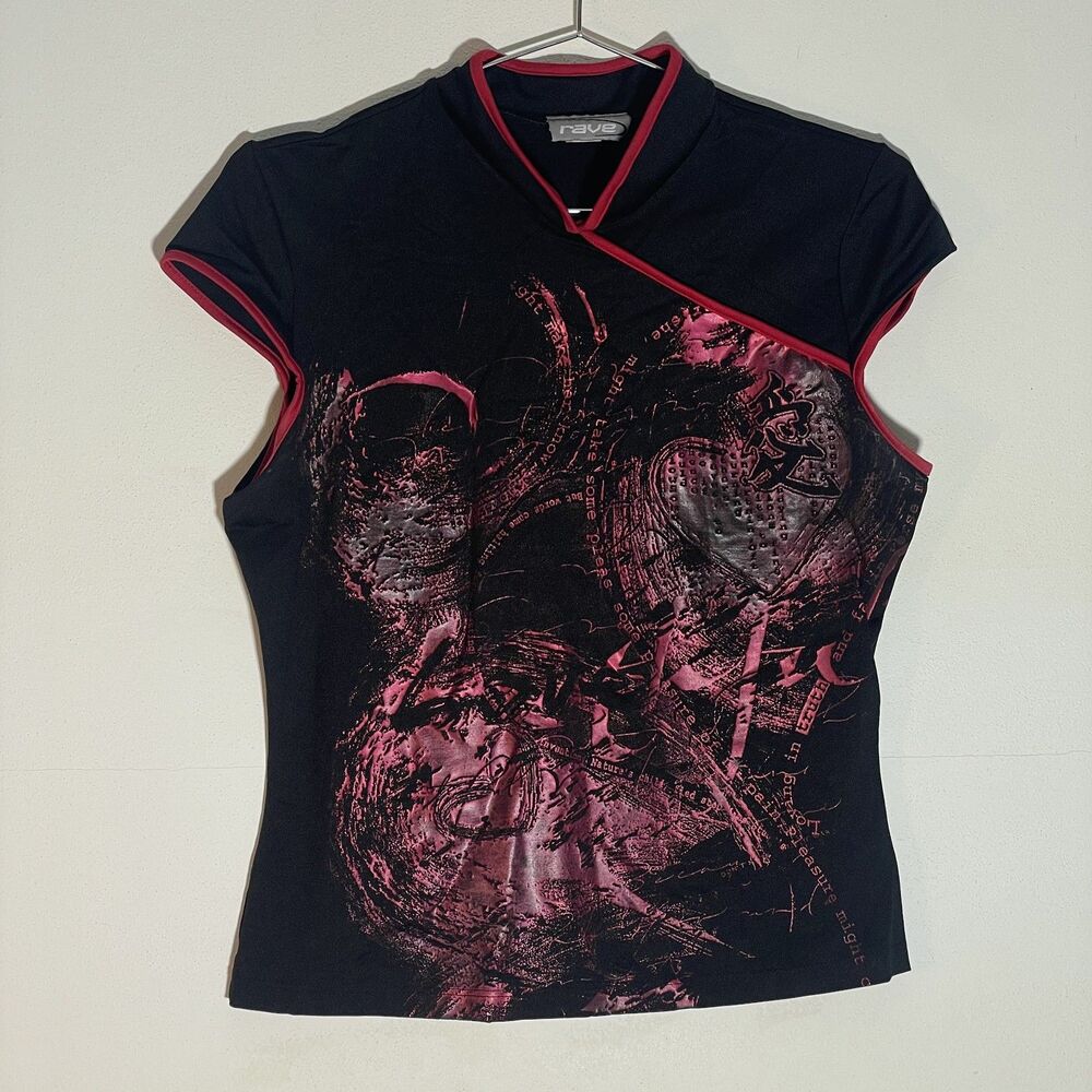 Rare Y2K Grunge Alt Black and Red RAVE Brand Fitted Mandarin Collar 2000s Top